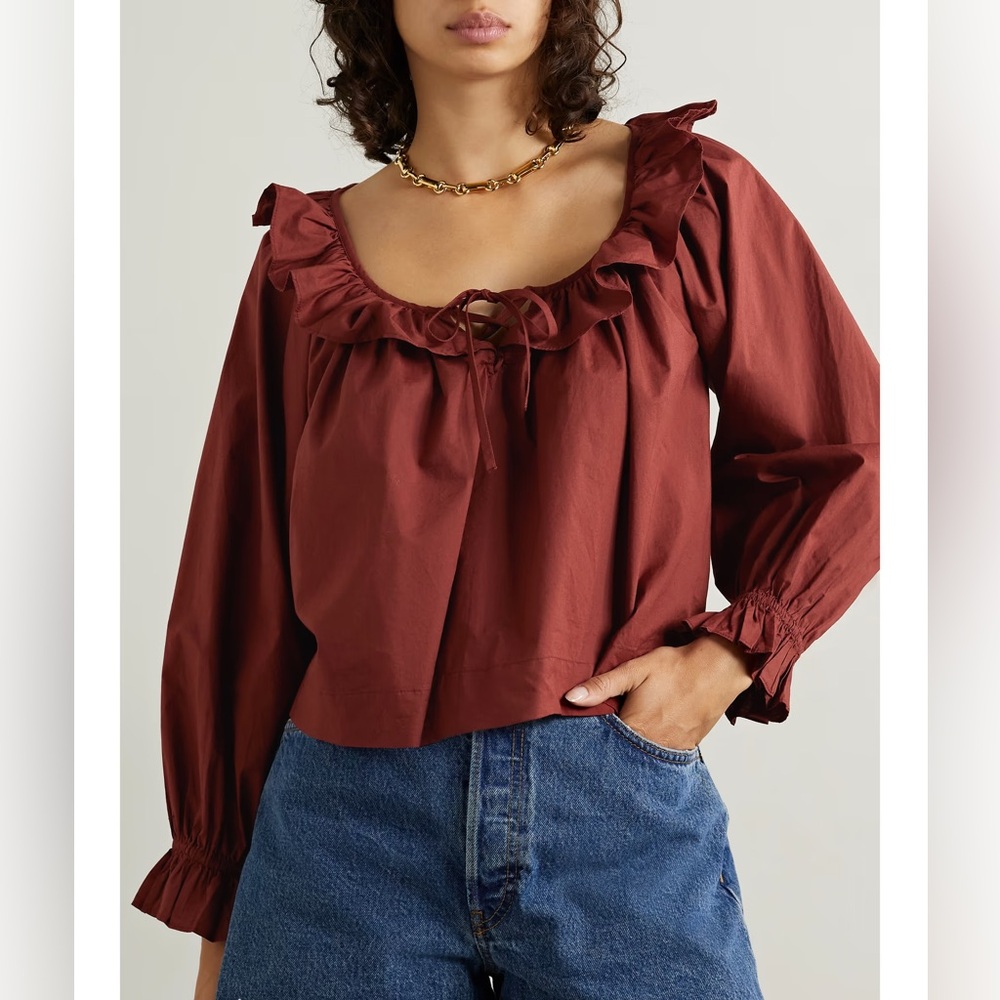 Doen Deep Rust Ruffle-Trim Cotton Peasant Blouse